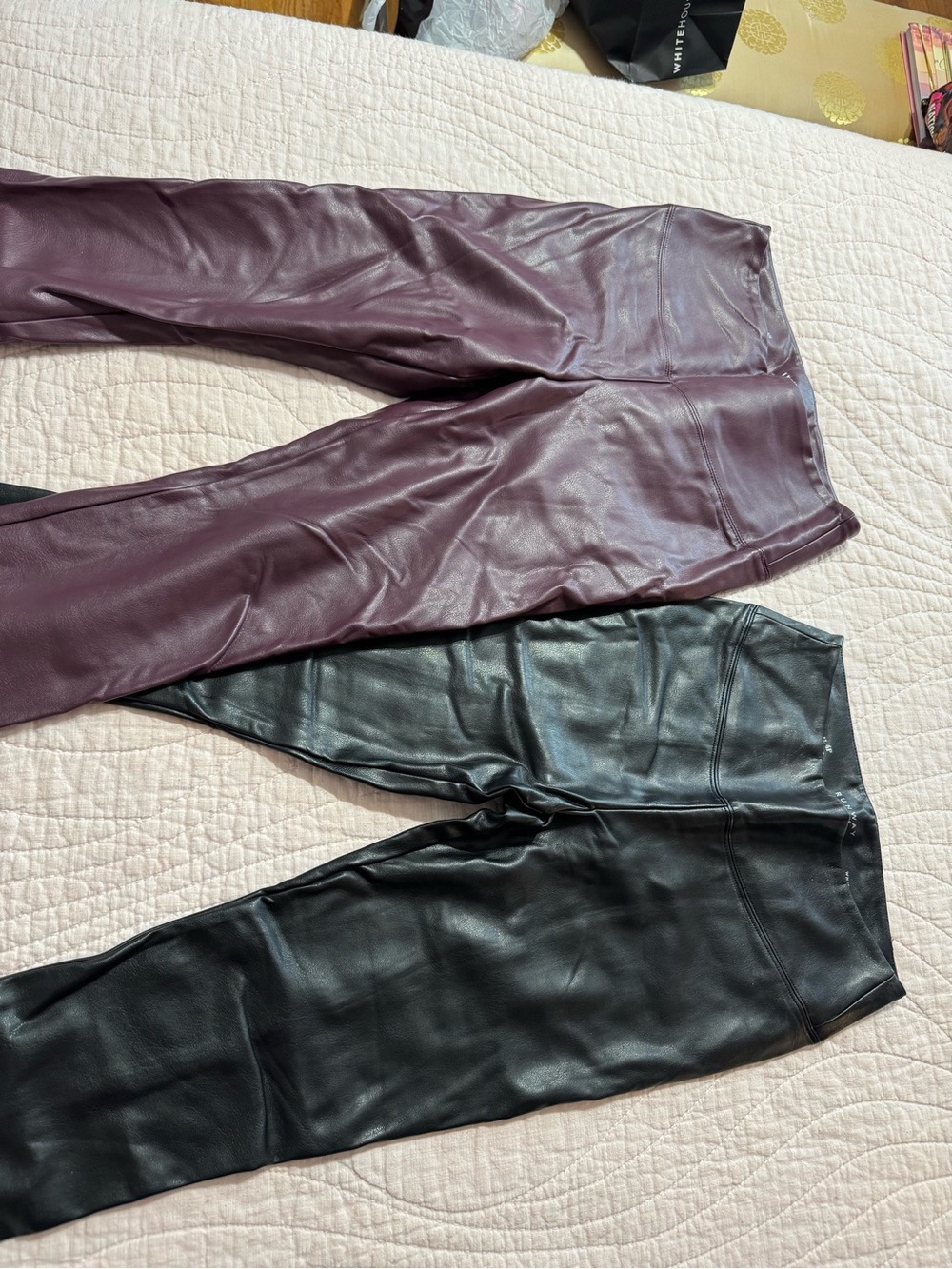 White House Black Market Skinny Leather-Look Pants in Black and Plum